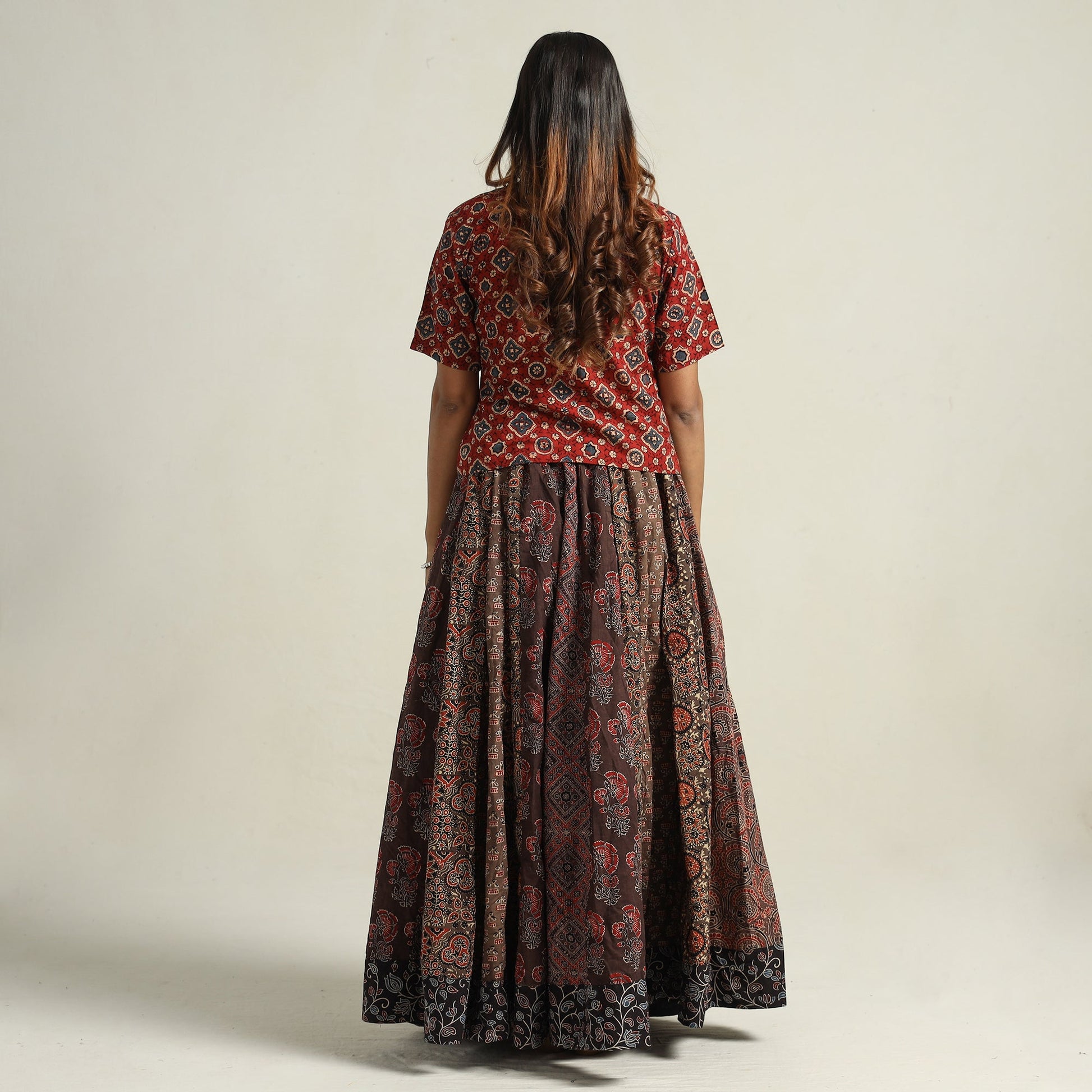 Brown - Ajrakh Block Printed 24 Kali Patchwork Cotton Long Skirt 38