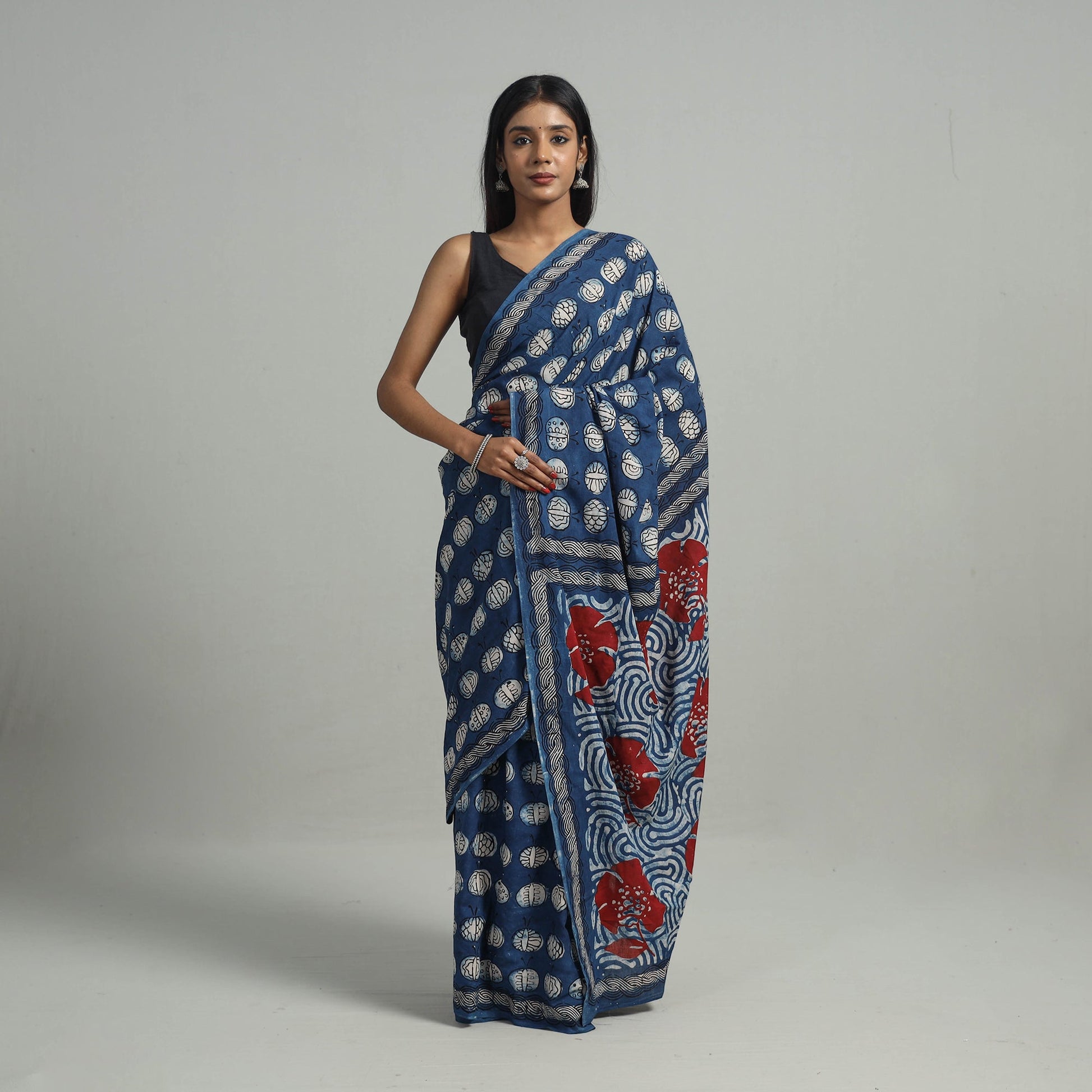 Blue - Bindaas Natural Dyed Block Print Cotton Saree 01