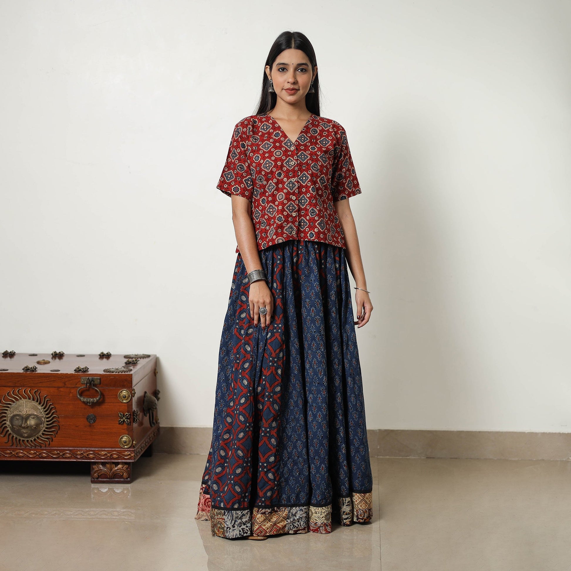 Blue - 24 Kali Patchwork Block Printed Cotton Ajrakh Skirt 17