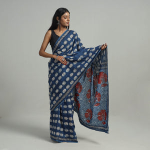 Blue - Bindaas Natural Dyed Block Print Cotton Saree 01