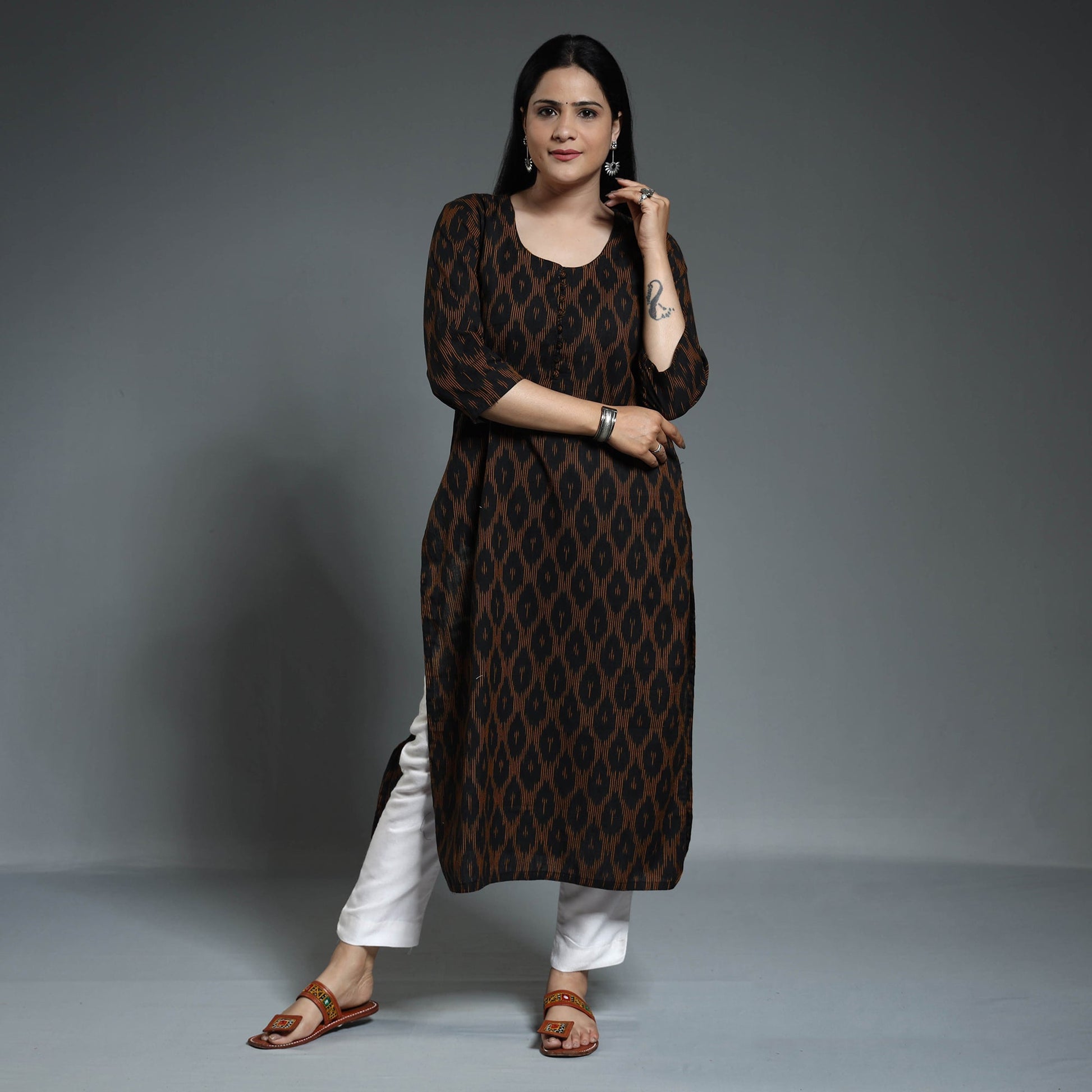 Black - Pochampally Ikat Weave Cotton Long Straight Kurta