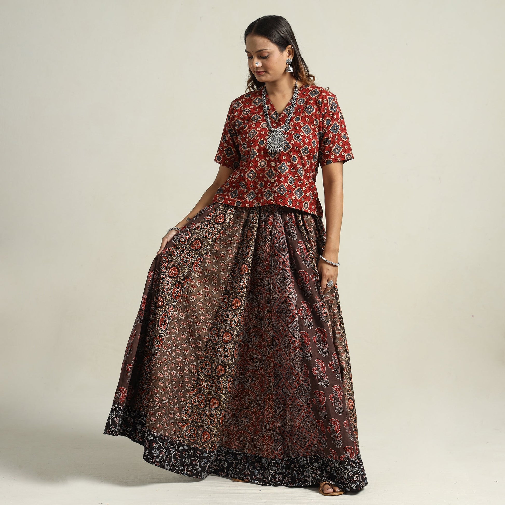 Brown - Ajrakh Block Printed 24 Kali Patchwork Cotton Long Skirt 38