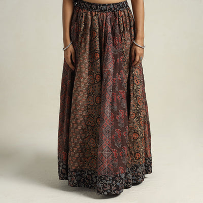 Brown - Ajrakh Block Printed 24 Kali Patchwork Cotton Long Skirt 38