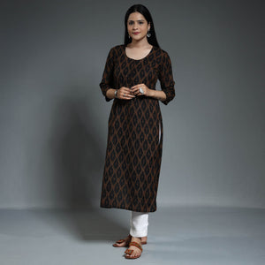 Black - Pochampally Ikat Weave Cotton Long Straight Kurta