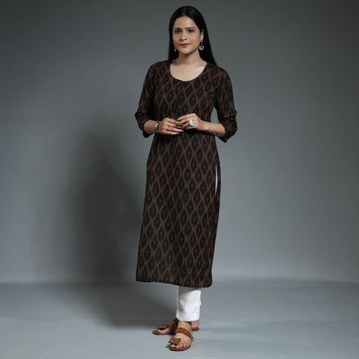 Black - Pochampally Ikat Weave Cotton Long Straight Kurta
