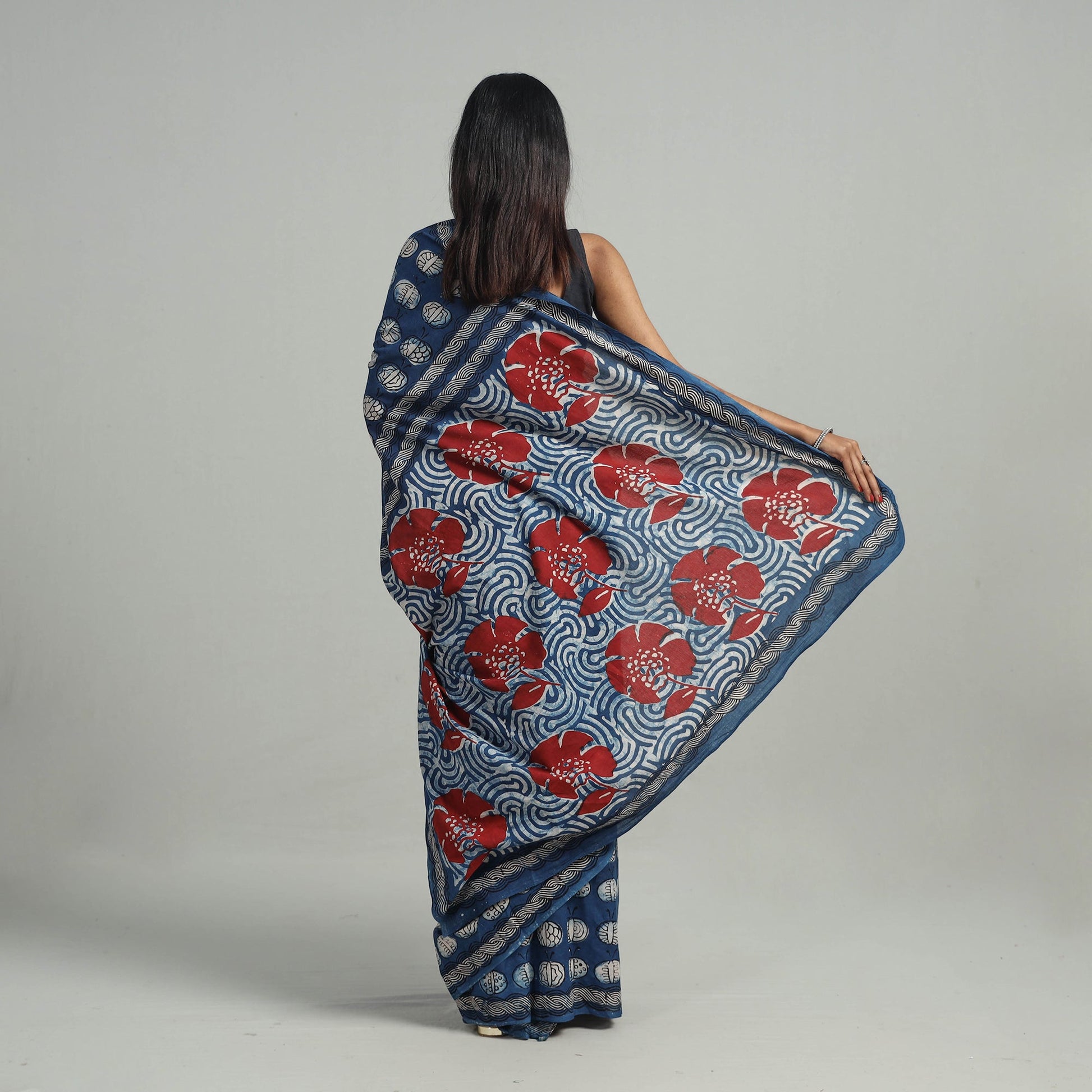 Blue - Bindaas Natural Dyed Block Print Cotton Saree 01