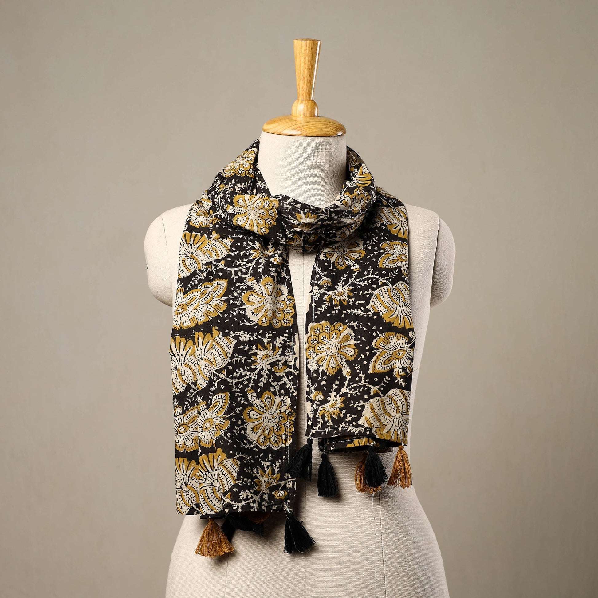 Black - Block Print Cotton Sanganeri Stole with Tassels 66