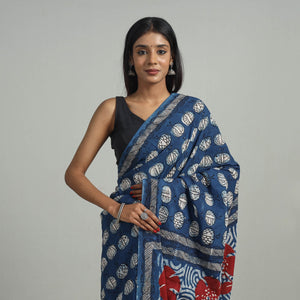 Blue - Bindaas Natural Dyed Block Print Cotton Saree 01