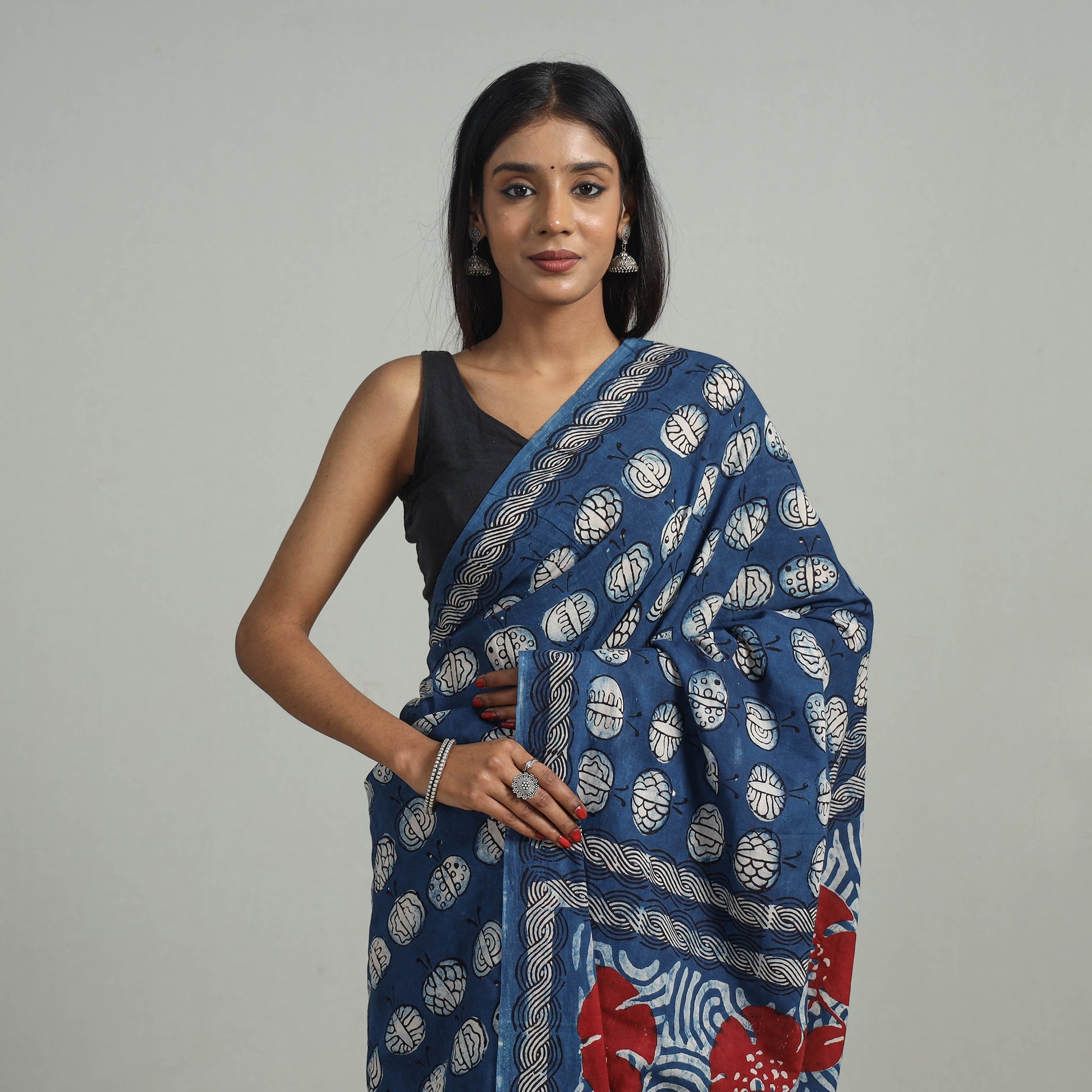 Blue - Bindaas Natural Dyed Block Print Cotton Saree 01