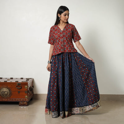 Blue - 24 Kali Patchwork Block Printed Cotton Ajrakh Skirt 17