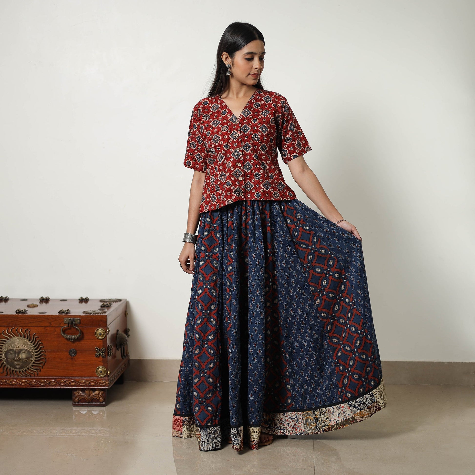 Blue - 24 Kali Patchwork Block Printed Cotton Ajrakh Skirt 17