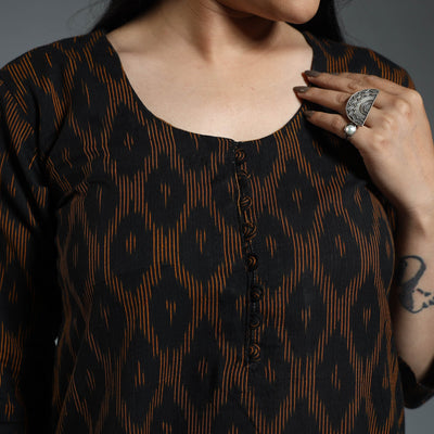 Black - Pochampally Ikat Weave Cotton Long Straight Kurta