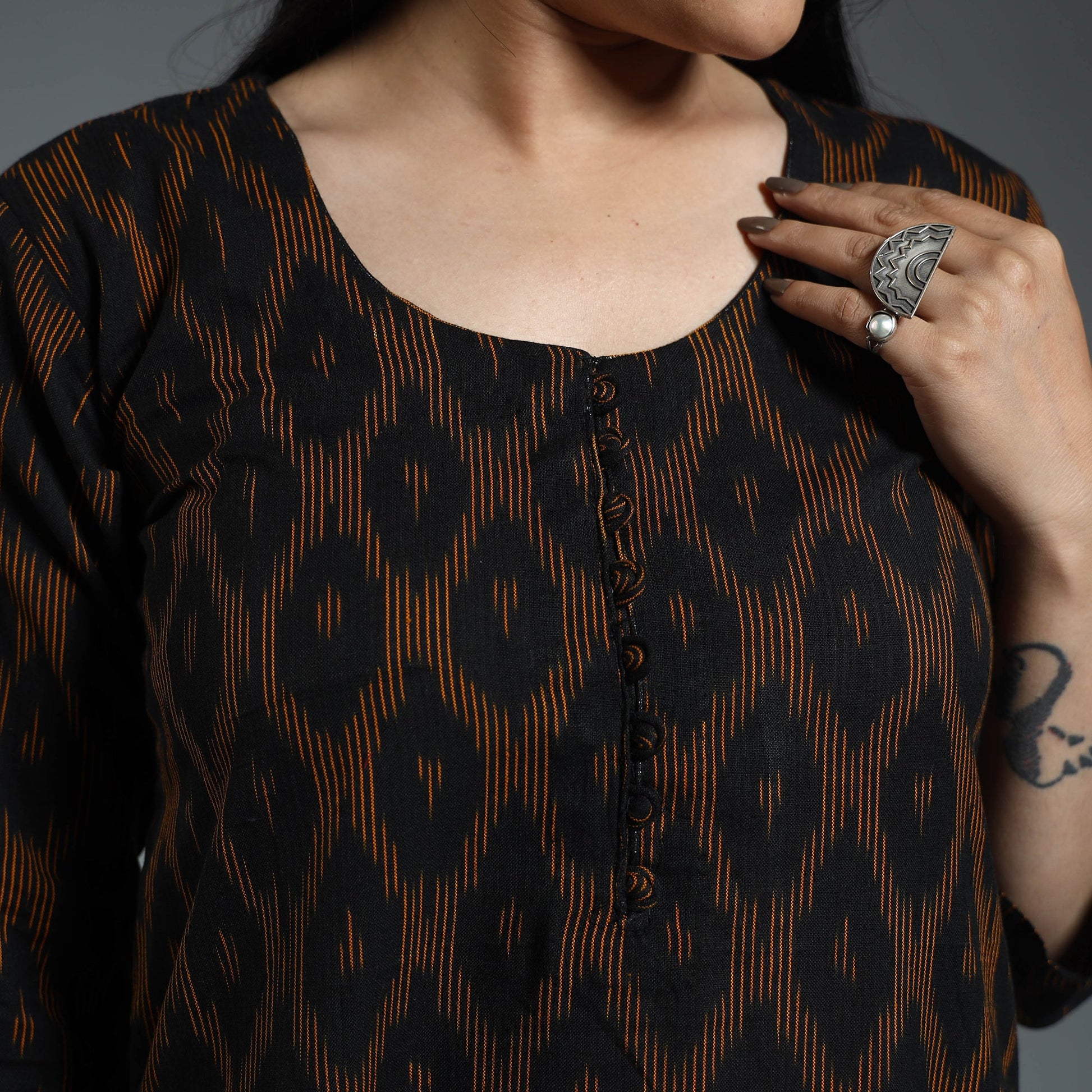 Black - Pochampally Ikat Weave Cotton Long Straight Kurta
