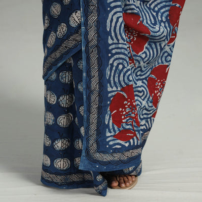 Blue - Bindaas Natural Dyed Block Print Cotton Saree 01