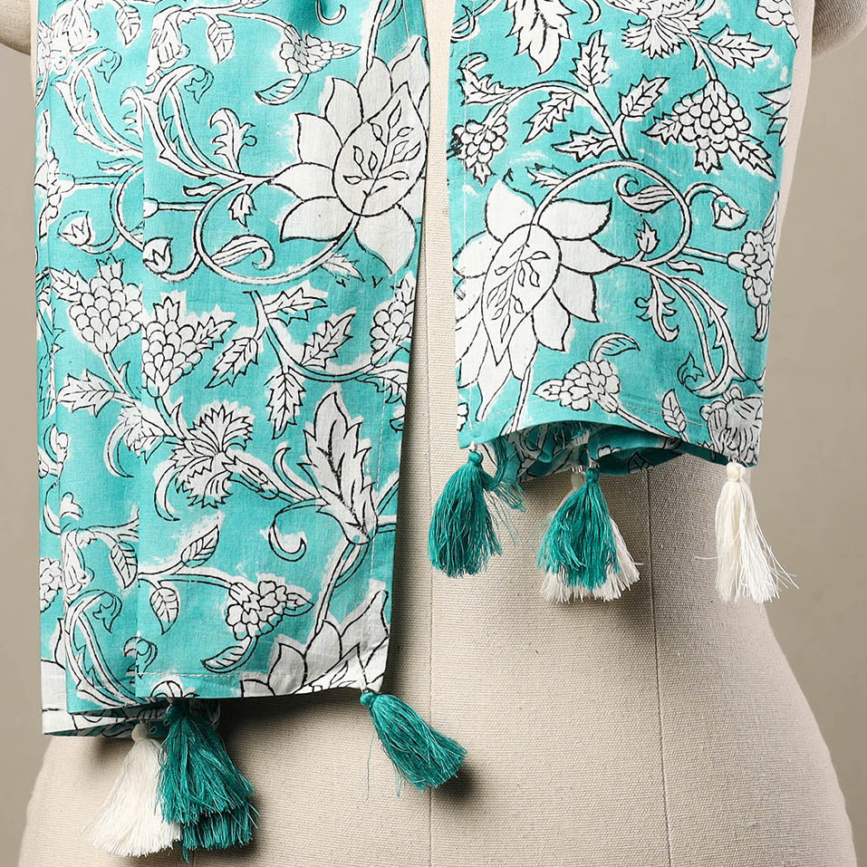 Blue - Block Print Cotton Sanganeri Stole with Tassels 69