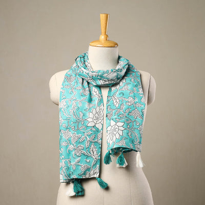 Blue - Block Print Cotton Sanganeri Stole with Tassels 69