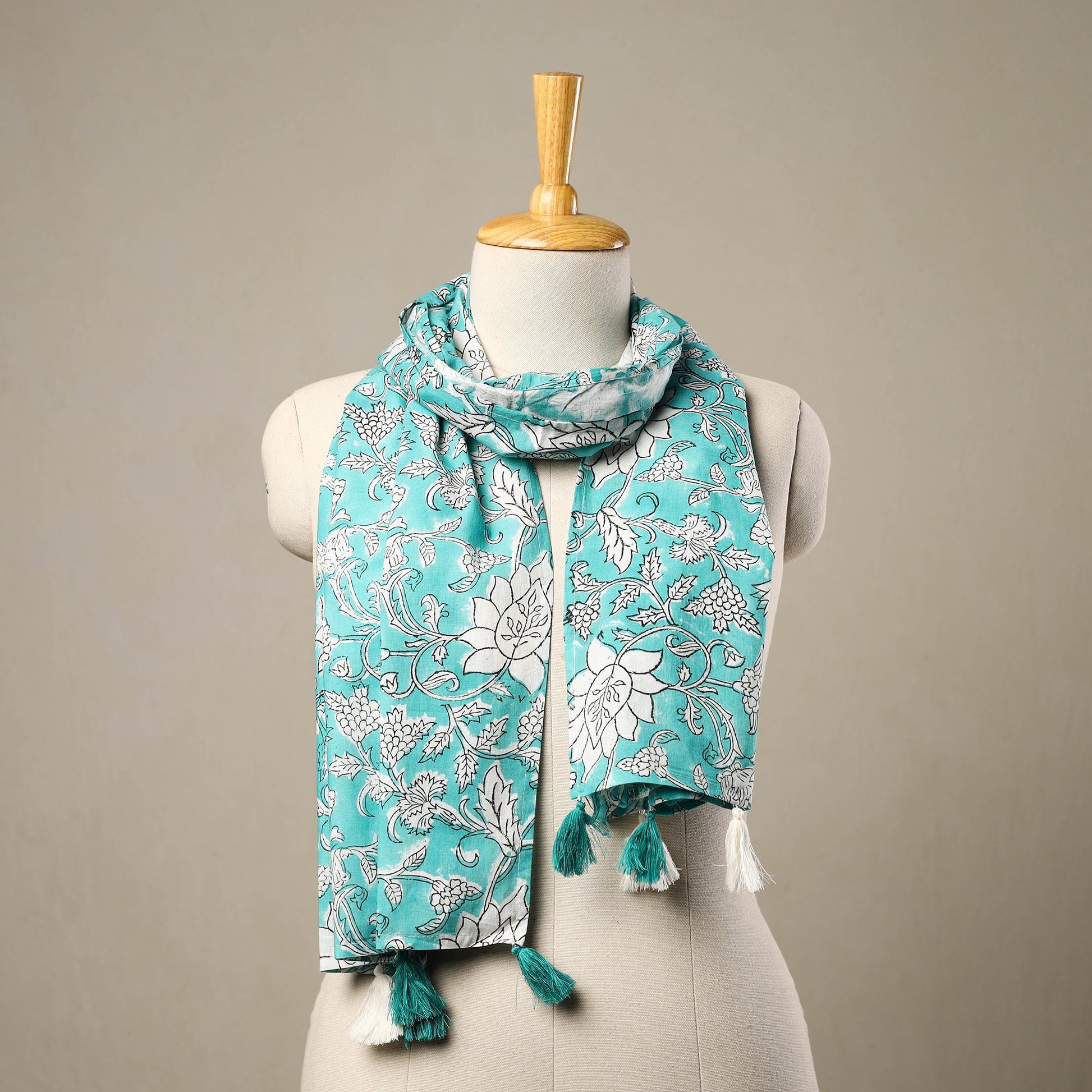 Blue - Block Print Cotton Sanganeri Stole with Tassels 69