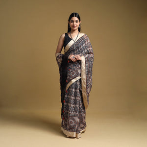 Beige - Natural Dyed Block Print Kota Doria Cotton Ajrakh Saree 06