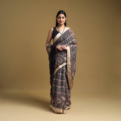 Beige - Natural Dyed Block Print Kota Doria Cotton Ajrakh Saree 06