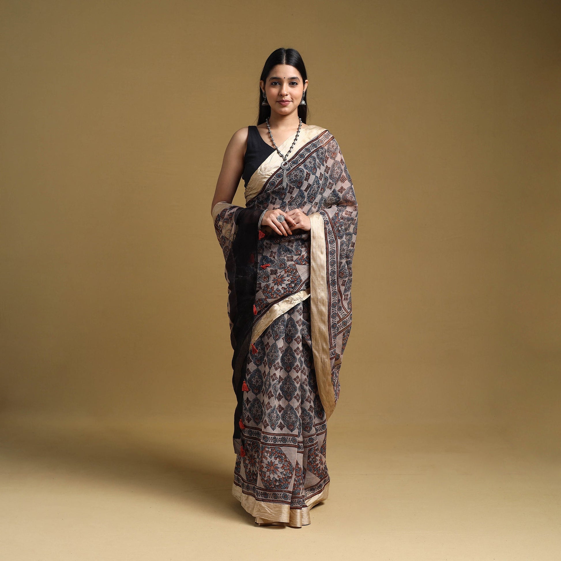 Beige - Natural Dyed Block Print Kota Doria Cotton Ajrakh Saree 06