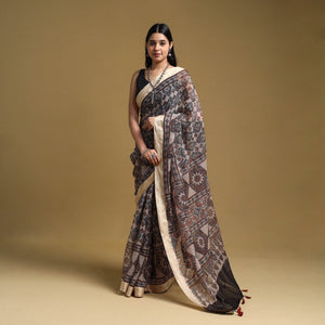Beige - Natural Dyed Block Print Kota Doria Cotton Ajrakh Saree 06