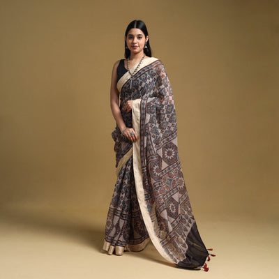 Beige - Natural Dyed Block Print Kota Doria Cotton Ajrakh Saree 06