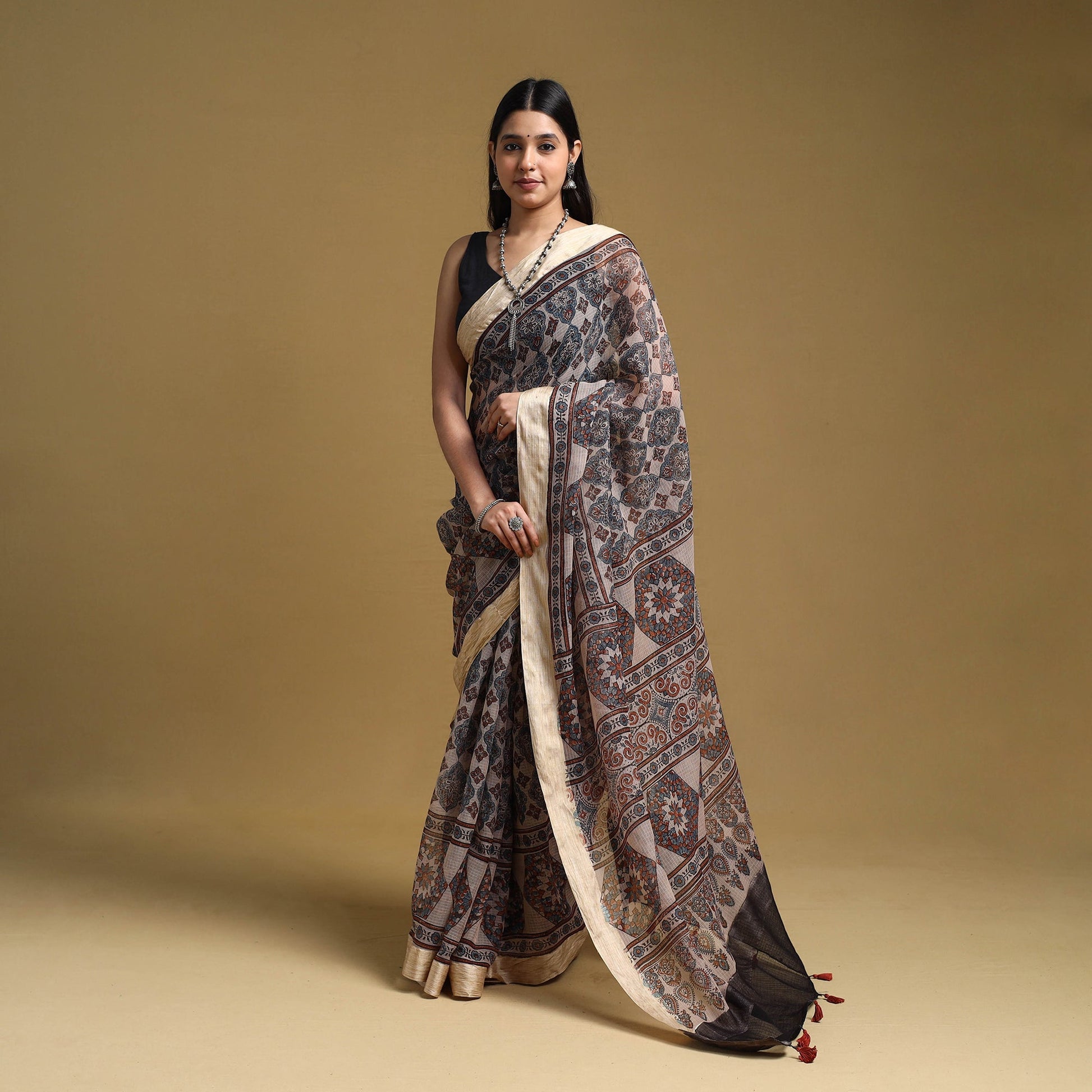 Beige - Natural Dyed Block Print Kota Doria Cotton Ajrakh Saree 06