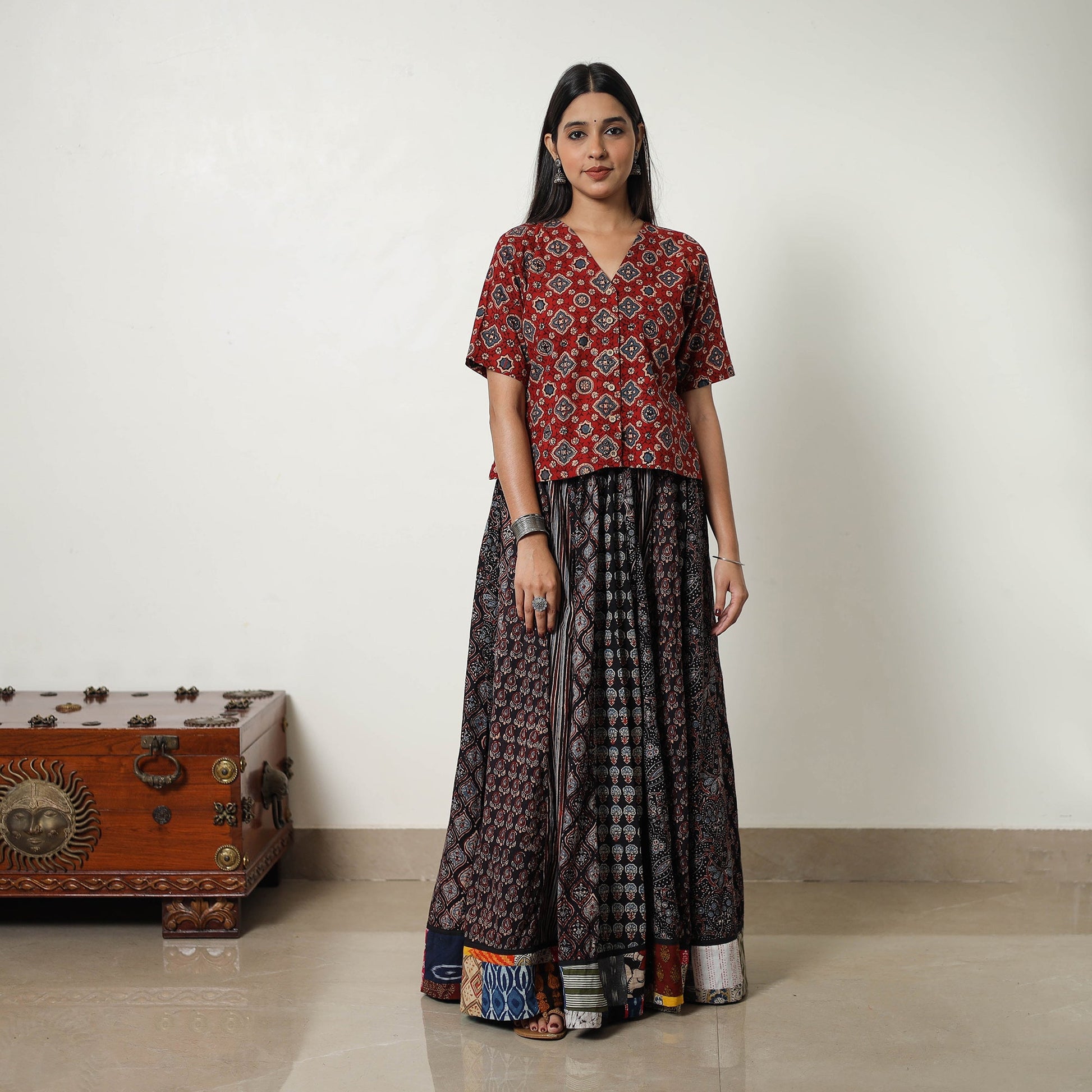 Black - 24 Kali Patchwork Block Printed Cotton Ajrakh Skirt 06