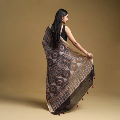 Beige - Natural Dyed Block Print Kota Doria Cotton Ajrakh Saree 06