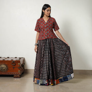 Black - 24 Kali Patchwork Block Printed Cotton Ajrakh Skirt 06