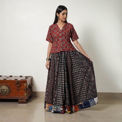 Black - 24 Kali Patchwork Block Printed Cotton Ajrakh Skirt 06