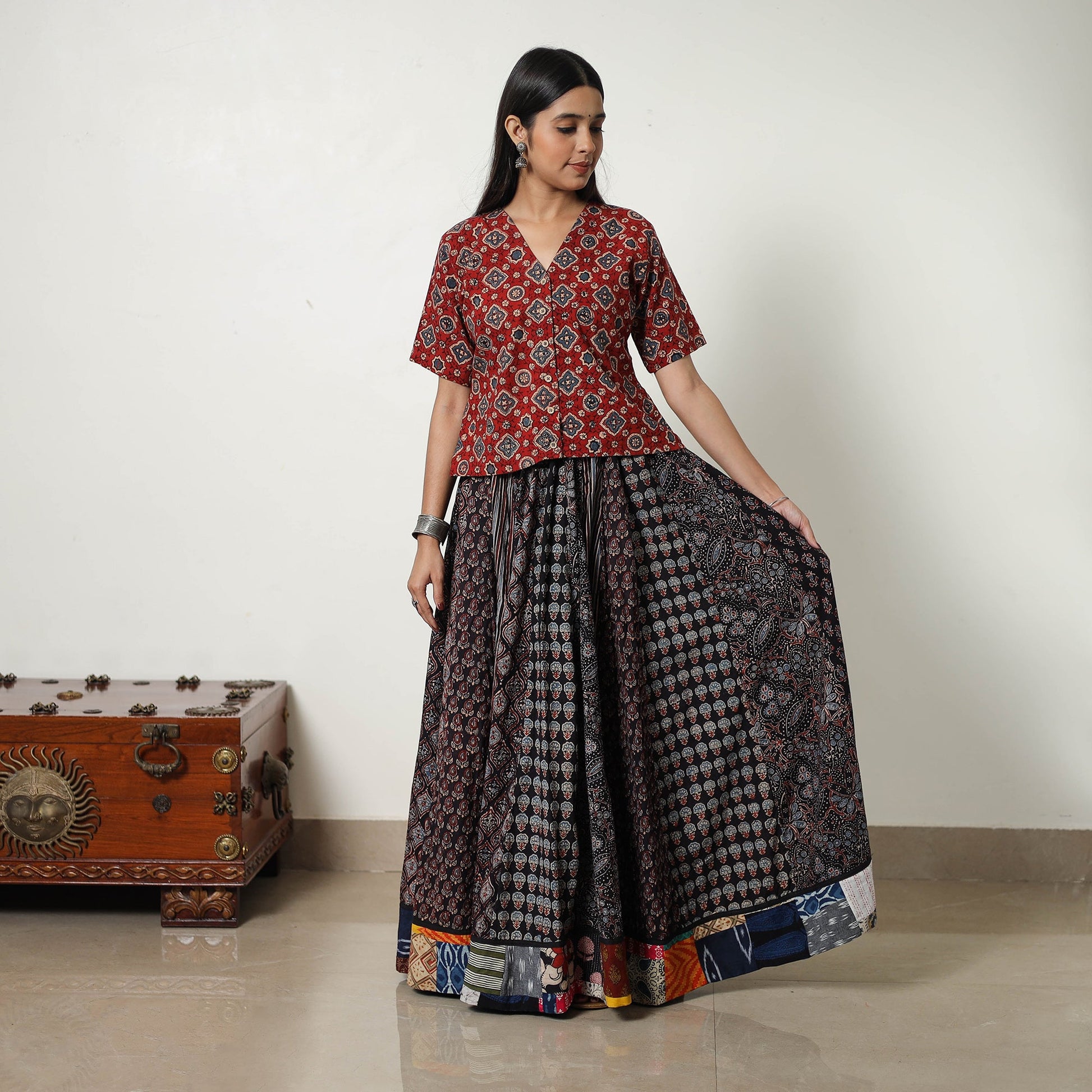 Black - 24 Kali Patchwork Block Printed Cotton Ajrakh Skirt 06