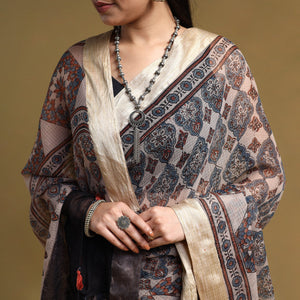 Beige - Natural Dyed Block Print Kota Doria Cotton Ajrakh Saree 06