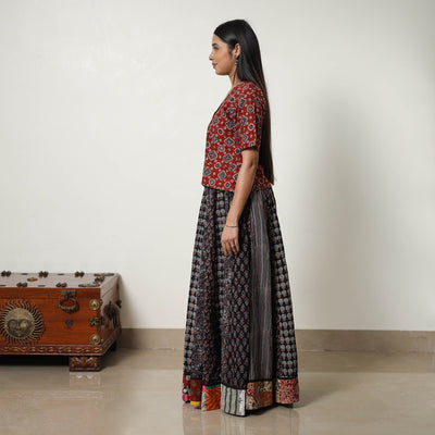 Black - 24 Kali Patchwork Block Printed Cotton Ajrakh Skirt 06
