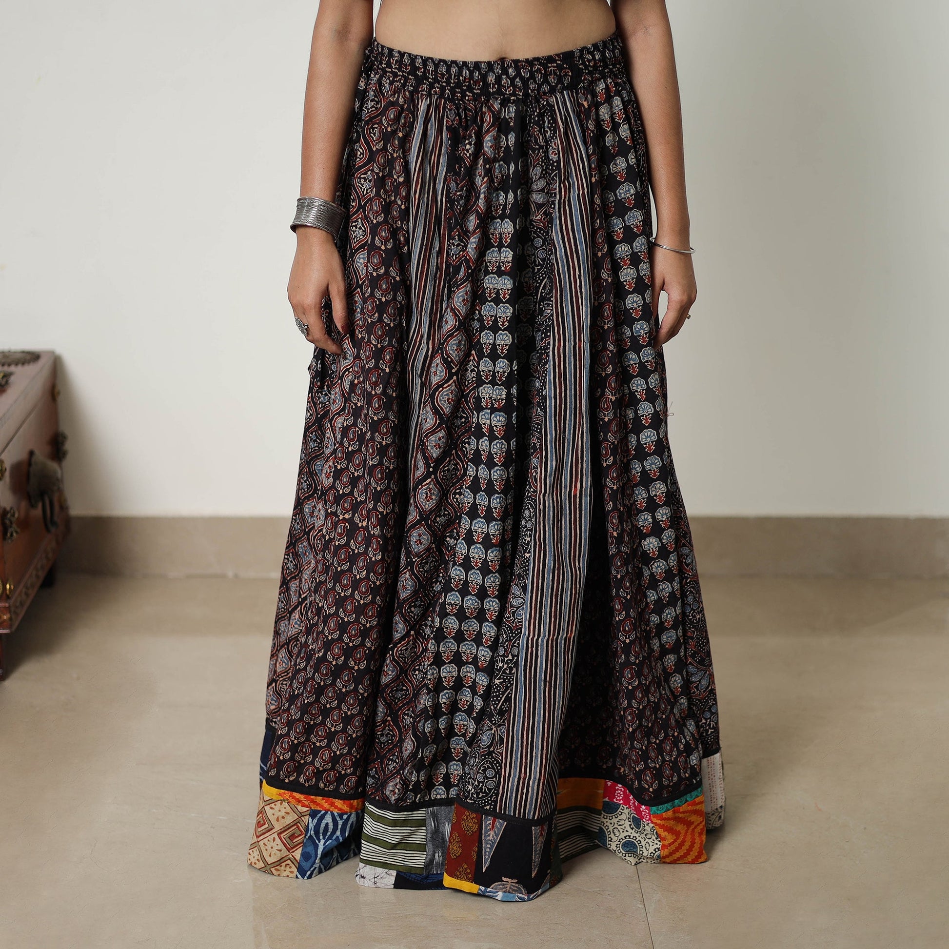 Black - 24 Kali Patchwork Block Printed Cotton Ajrakh Skirt 06