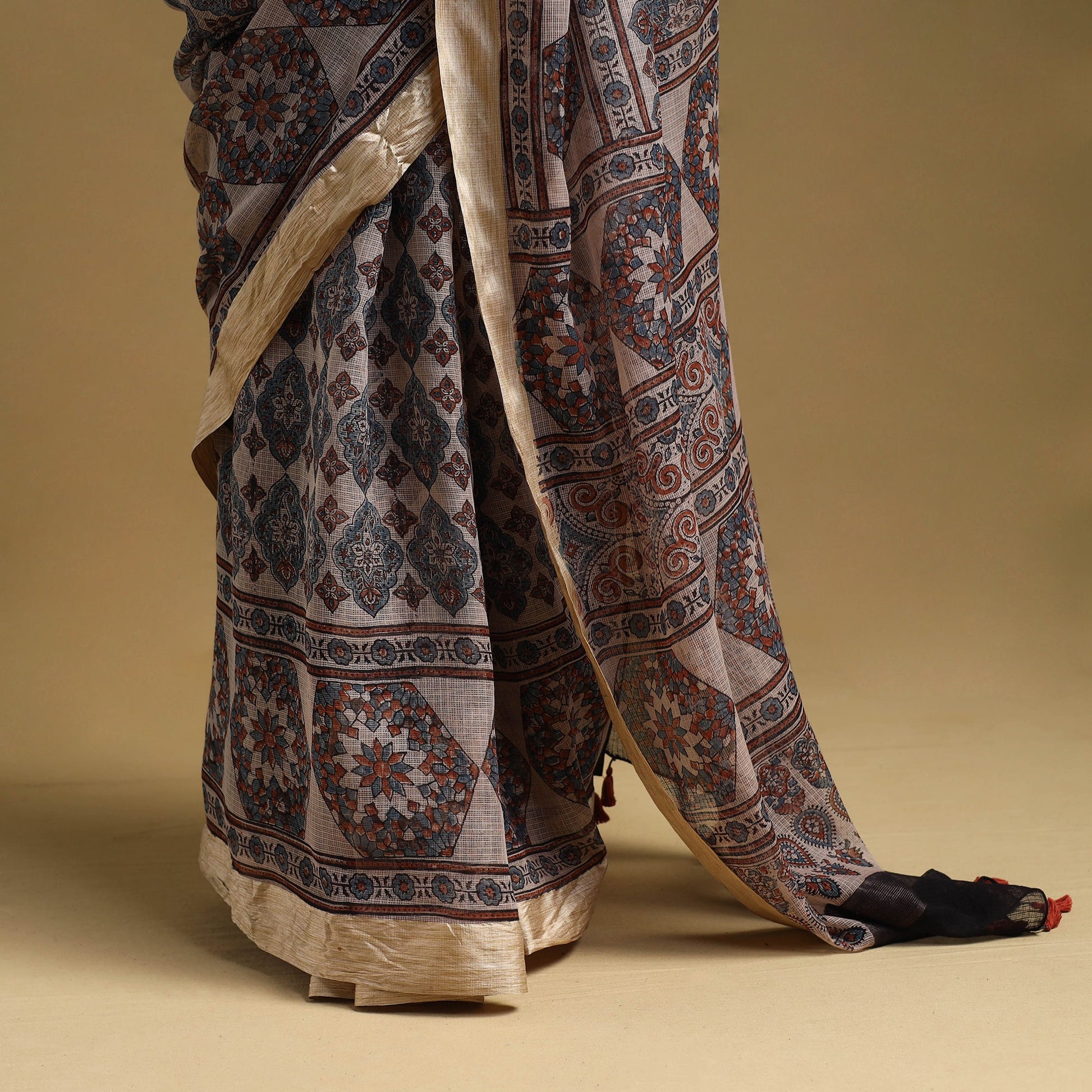 Beige - Natural Dyed Block Print Kota Doria Cotton Ajrakh Saree 06