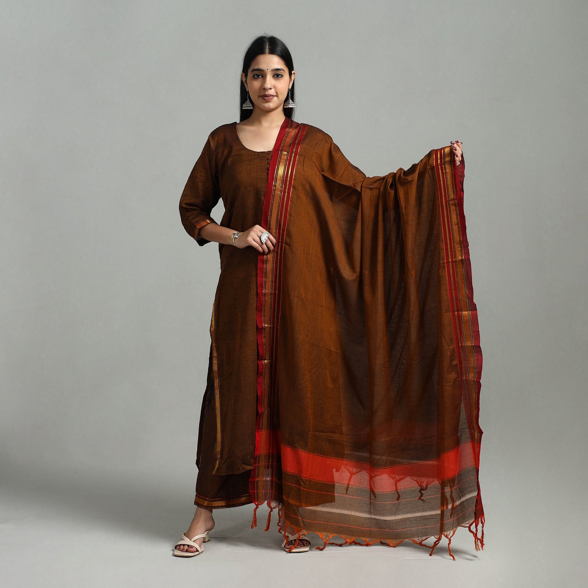 Brown - Cotton Dharwad Kurta Set with Palazzo & Dupatta 42