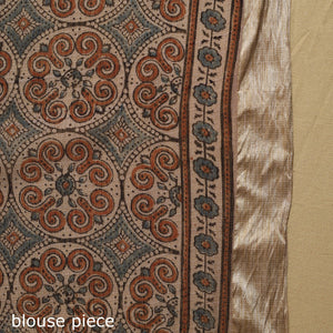 Beige - Natural Dyed Block Print Kota Doria Cotton Ajrakh Saree 06