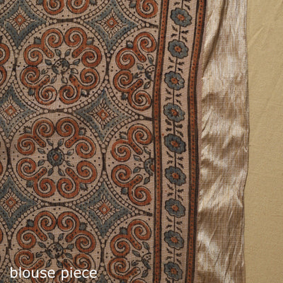 Beige - Natural Dyed Block Print Kota Doria Cotton Ajrakh Saree 06