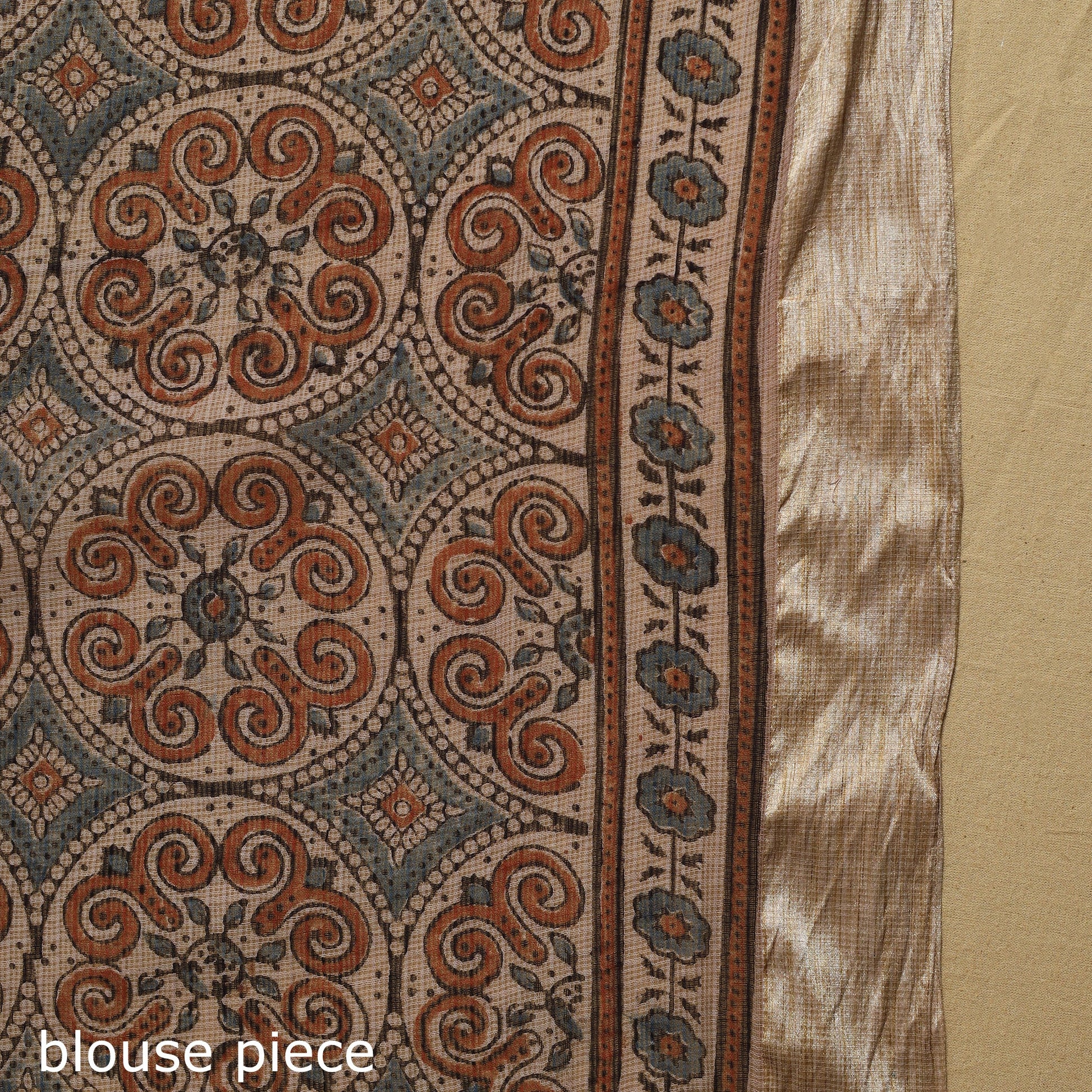 Beige - Natural Dyed Block Print Kota Doria Cotton Ajrakh Saree 06