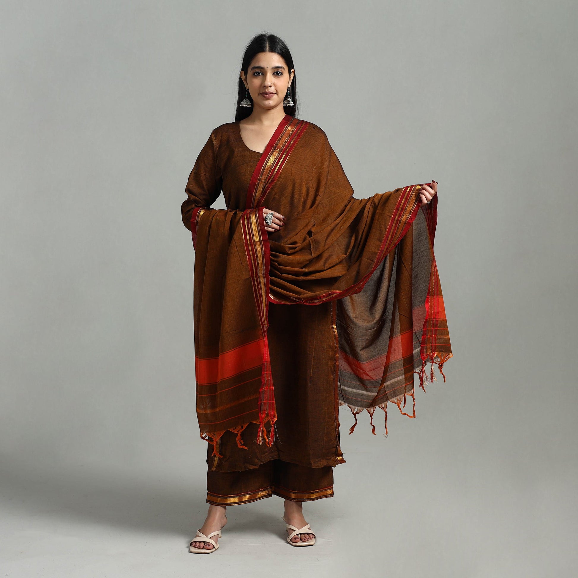 Brown - Cotton Dharwad Kurta Set with Palazzo & Dupatta 42