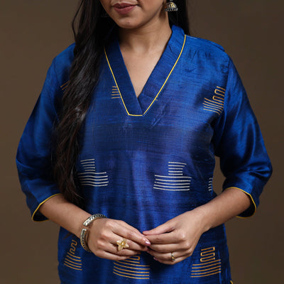 Blue - Bhagalpuri Handloom Tussar Silk Suit Set 05