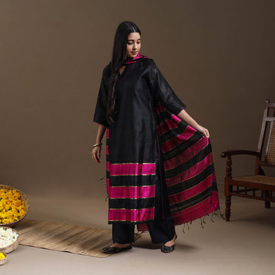 Black - Bhagalpuri Handloom Tussar Silk Suit Set 08