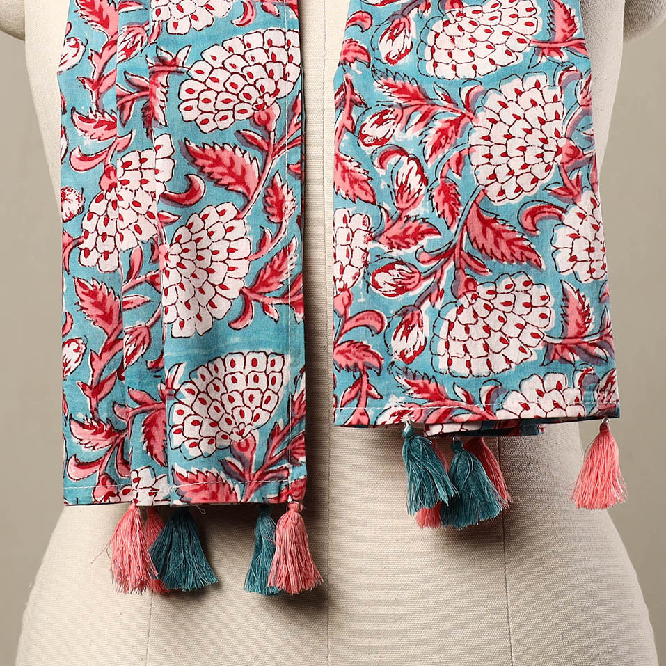 Blue - Block Print Cotton Sanganeri Stole with Tassels 83