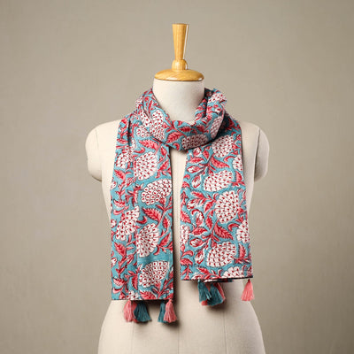 Blue - Block Print Cotton Sanganeri Stole with Tassels 83