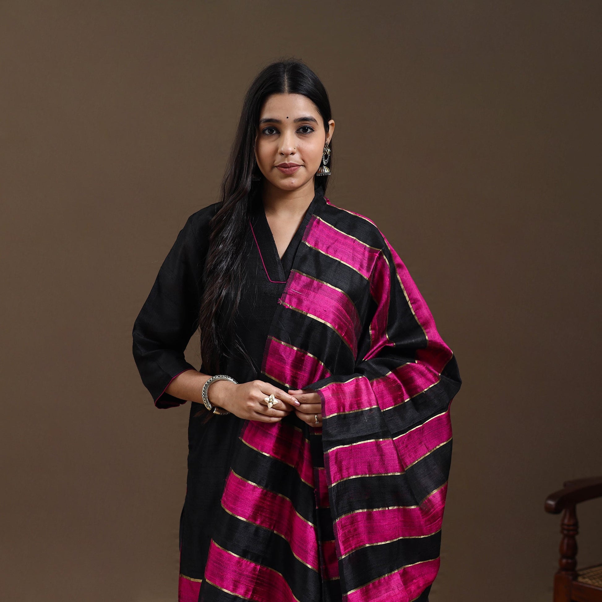 Black - Bhagalpuri Handloom Tussar Silk Suit Set 08