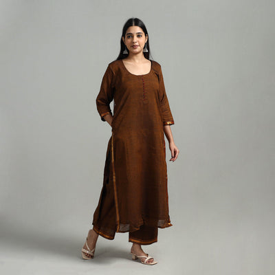 Brown - Cotton Dharwad Kurta Set with Palazzo & Dupatta 42