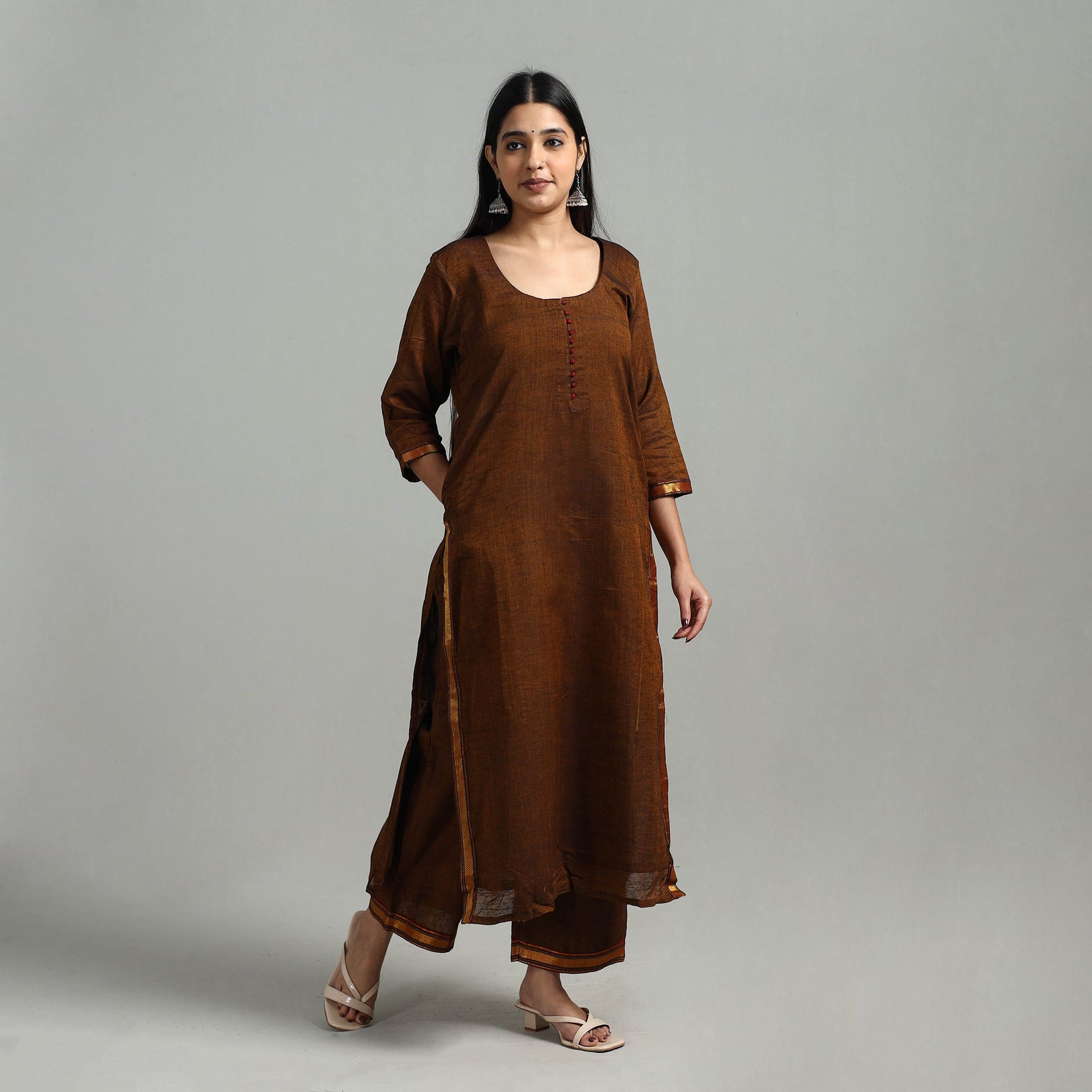 Brown - Cotton Dharwad Kurta Set with Palazzo & Dupatta 42