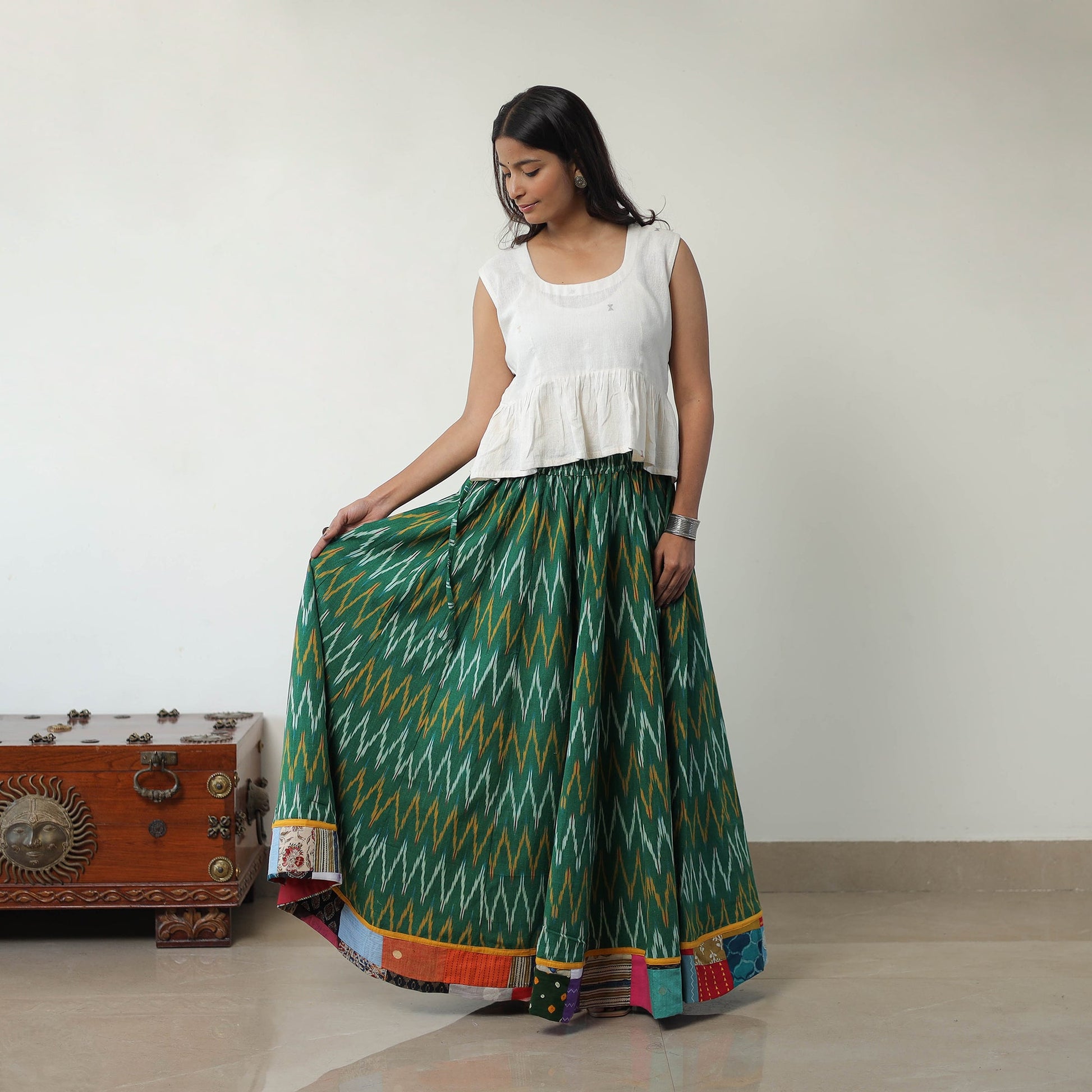 Green - 24 Kali Cotton Pochampally Ikat Skirt01