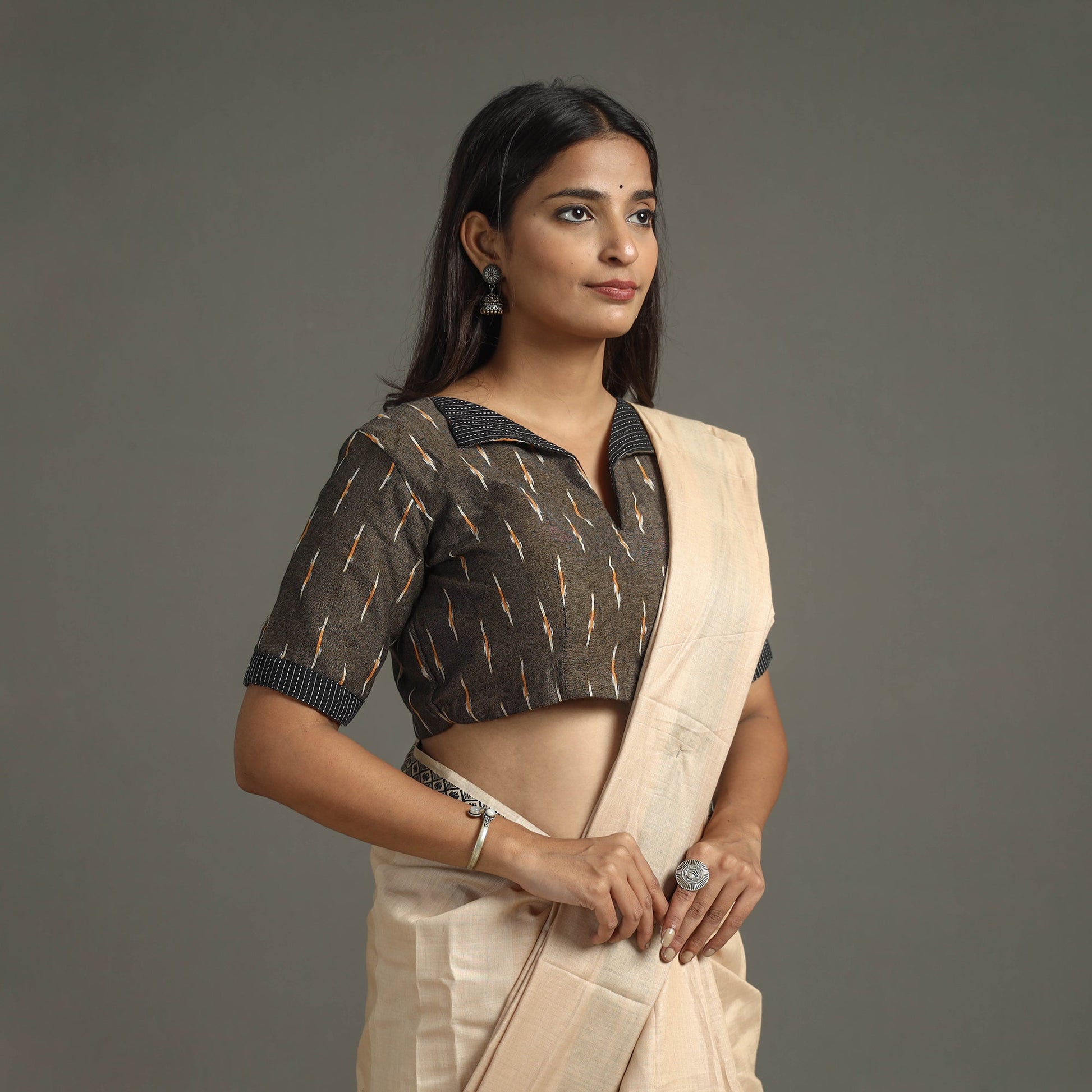 Brown - Pochampally Cotton Stitched Ikat Blouse 08